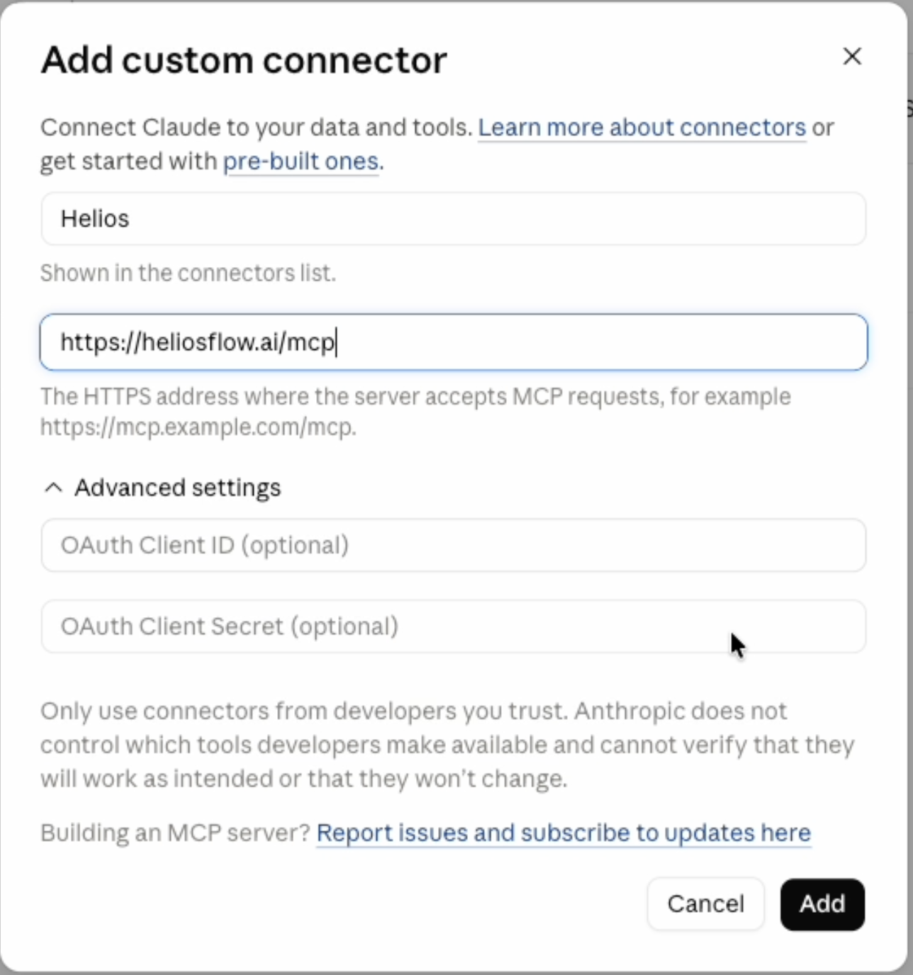 Add the Helios Flow custom connector in Claude